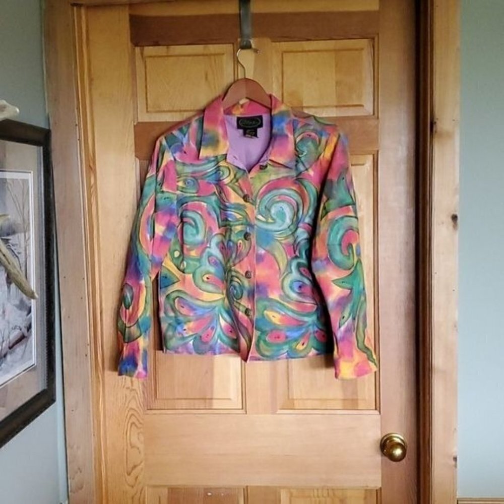 Alex Kim Vintage Embellished Rainbow Groovy Colors Button Down Lined Sz L Jacket